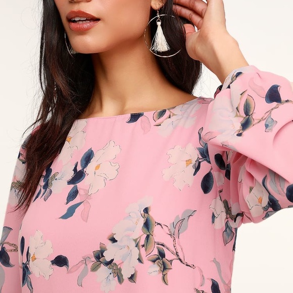 Blush Pink Floral Print Long Sleeve Shift Dress - Picture 3 of 6